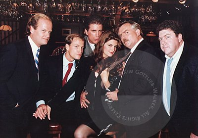 Kirstie Alley with the CHEERS boys, Kelsey Grammer, Woody Harrelson, Ted Danson, John Ratzenberger and George Wendt